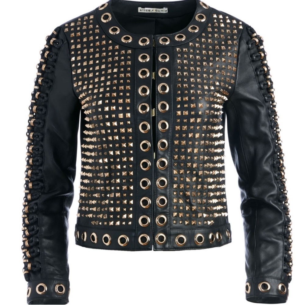 Alice + Olivia Black Leather Jacket with Gold Studs